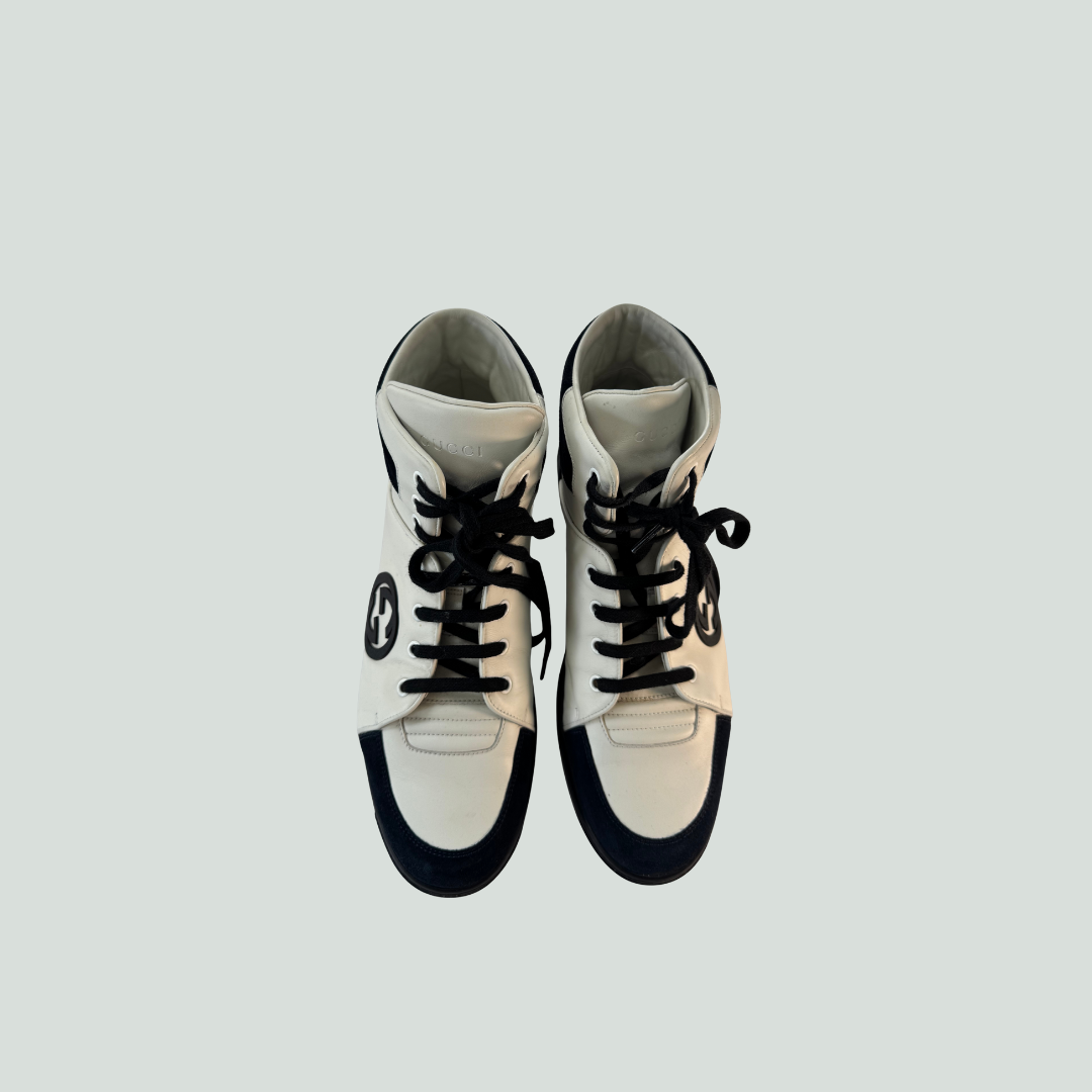 Gucci High-Top Sneakers in White and Black Leather – Size 43