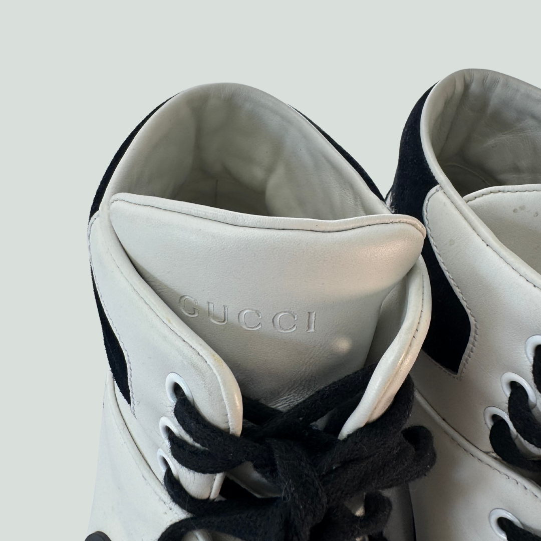 Gucci High-Top Sneakers in White and Black Leather – Size 43